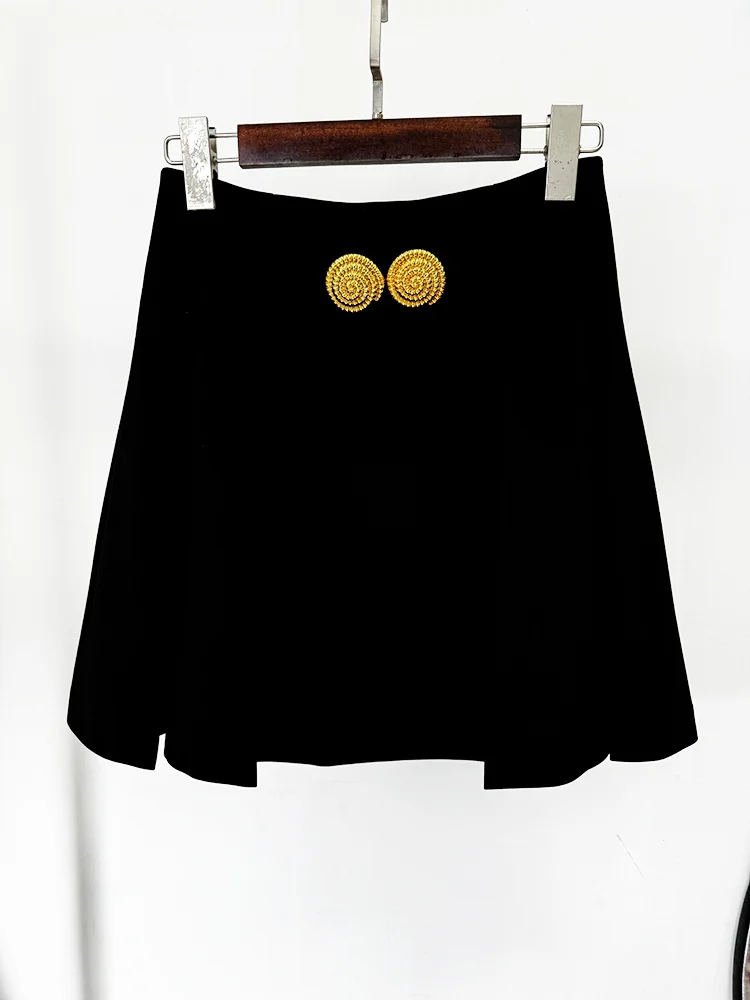 HIGH STREET 2024 Newest Fashion Stylish Designer Women Large Metal Buckle Decoration Pleated Mini Skirt