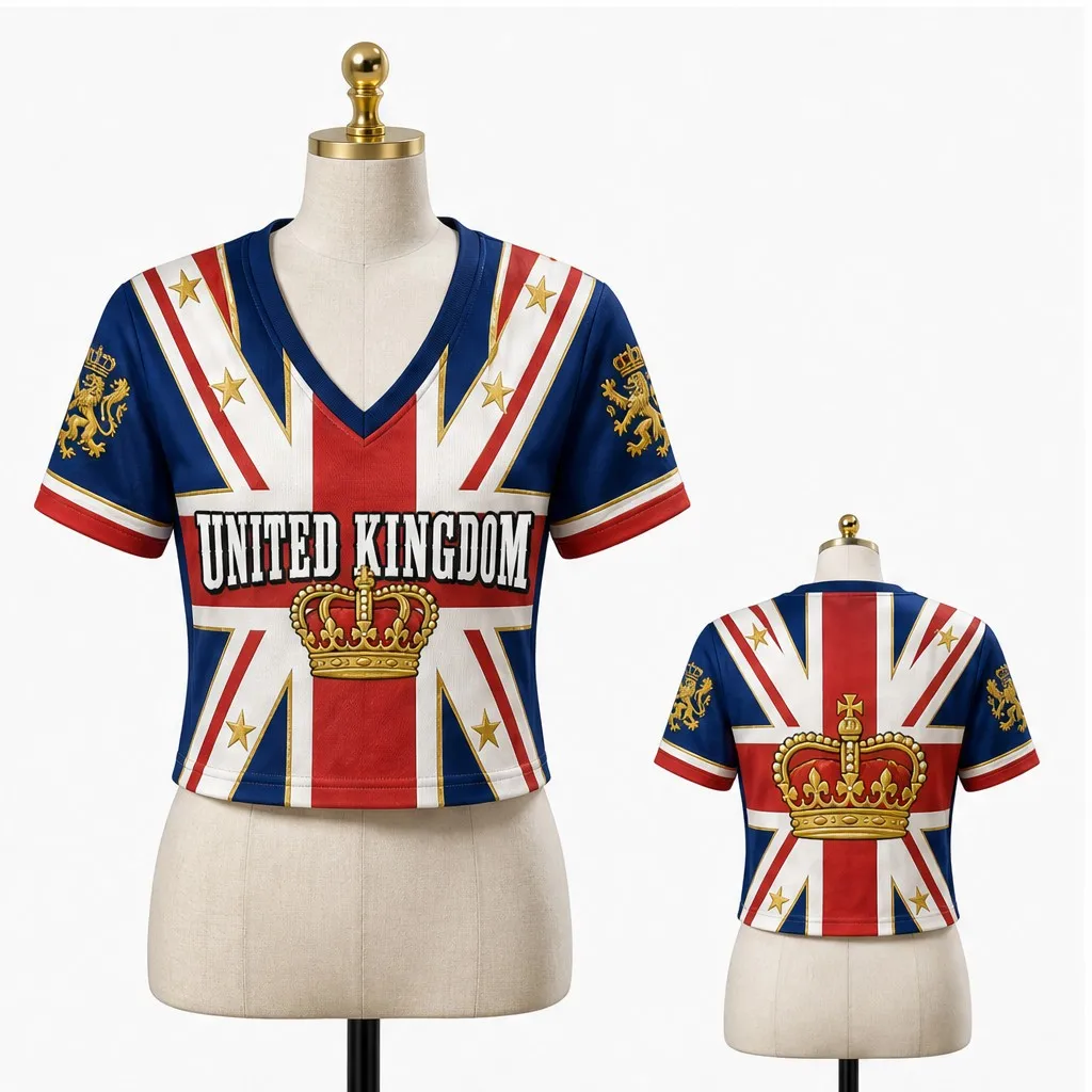 Women United Kingdom V Neck Crop Top Royal Crown Union Flag Star Print Short Sleeve Summer Casual Streetwear Fashion Tee Outfits