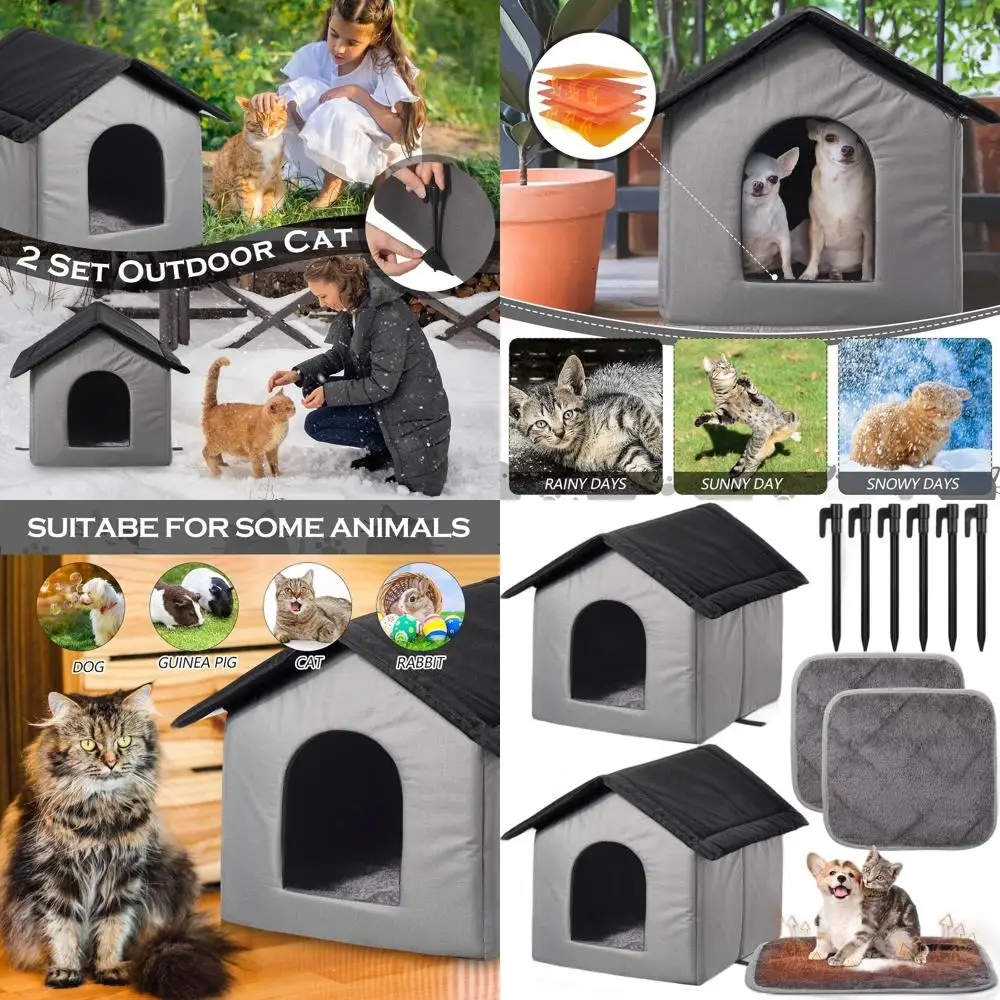 

Dual-Set Outdoor Cat Shelter with Heated Pad, Waterproof, 15.8 Stray Shelter, Warming Pad for Pets, Includes Tent Stakes (Black/
