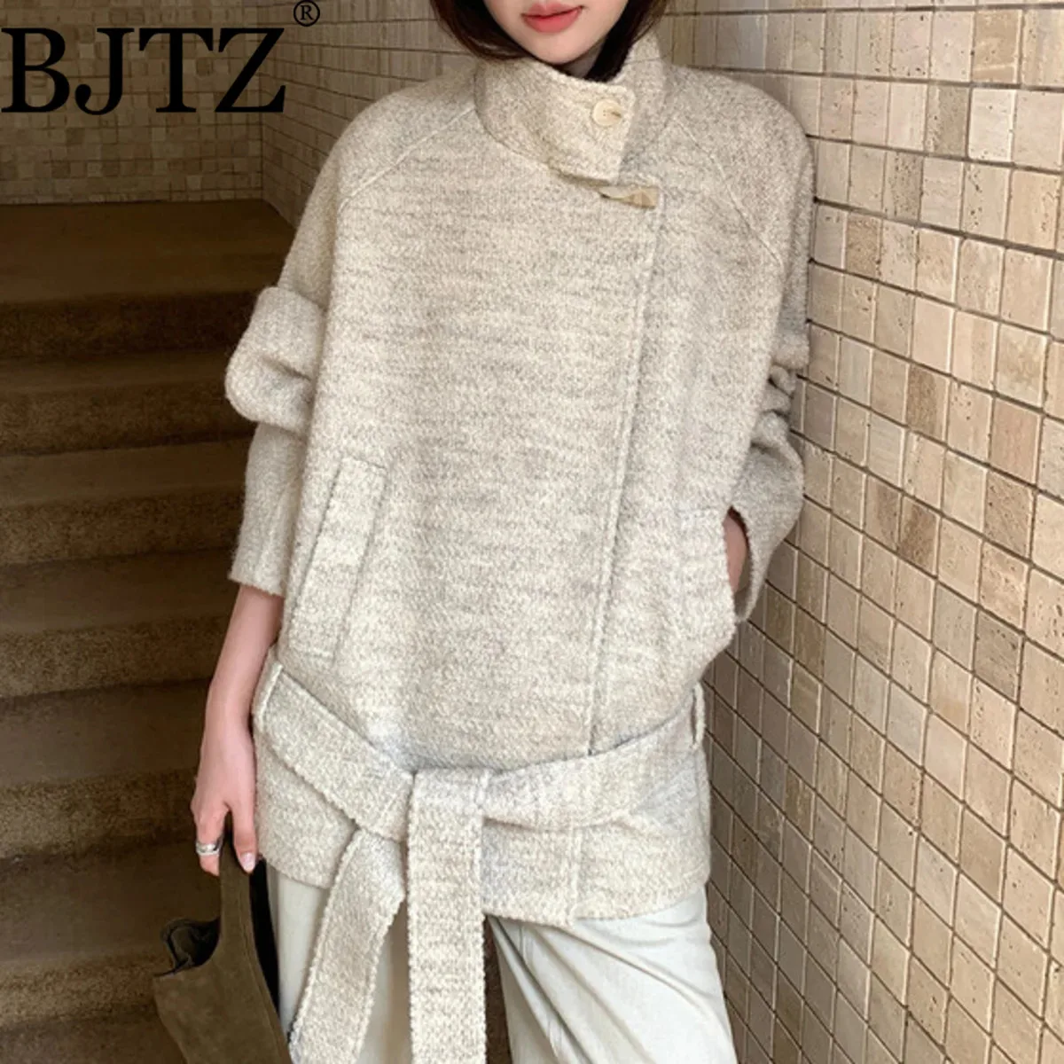 

BJTZ 2025 Autumn Winter Women’s Wool Coat Stand Collar Toggle Btn Belted Pockets Elegant Chic Minimalist Luxury Outerwear