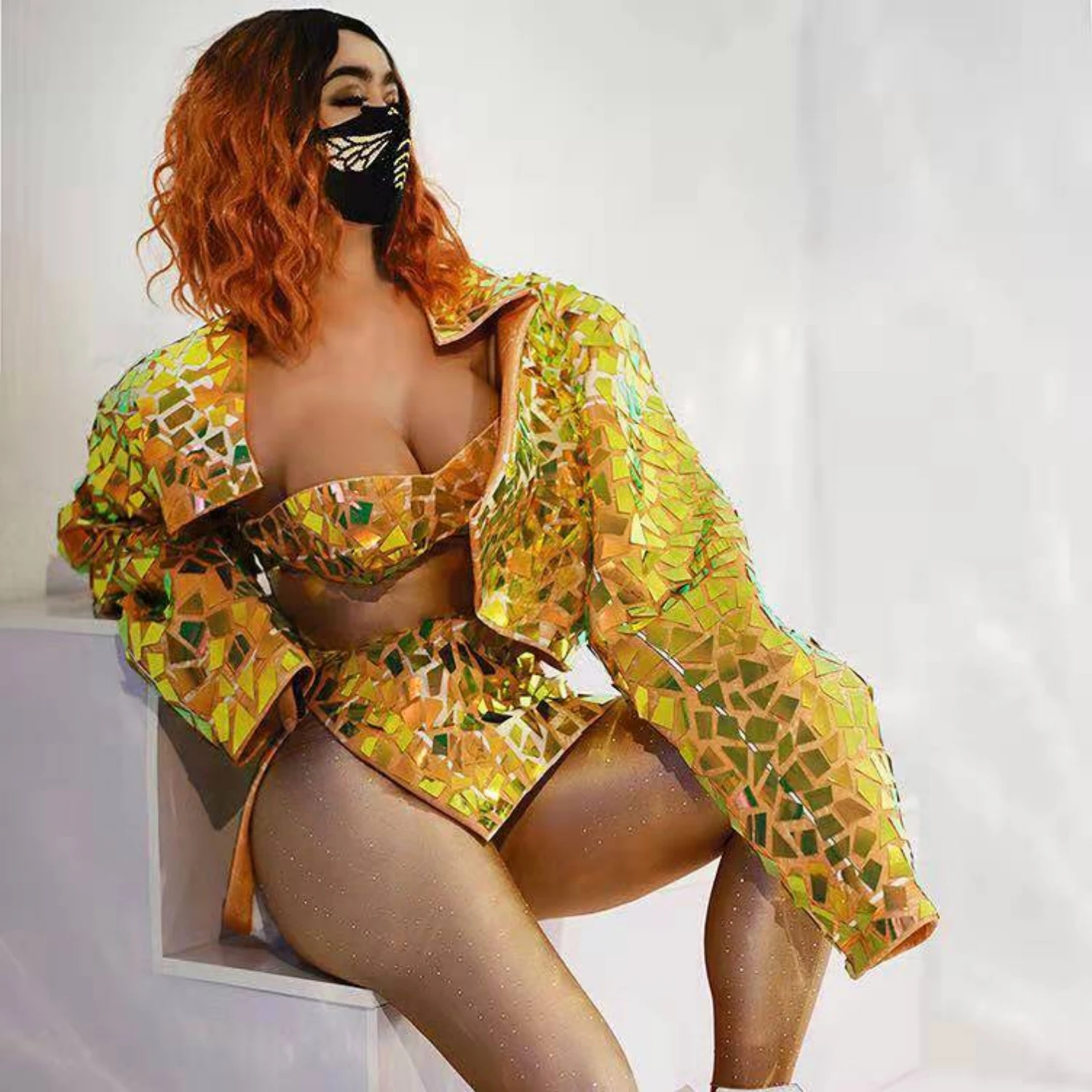 

Sexy Gold Sequin Bra+Skirt+ Jacket 3-piece Set Women Nightclub Party DJ Stage Outfit Sets Hip Hop Singer Dancer Performance Wear