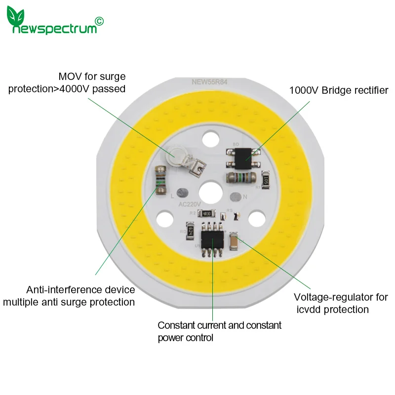 DIY 투광 조명용 LED 전구 칩, 스마트 IC, 드라이버 없음, 원형 DOB 모듈, 3000K, 4000K, 6000K 비즈, COB 220V 칩, 9W, 12W, 15W