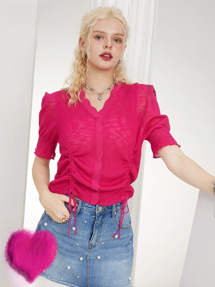 

Elfsa Summer 2023 Women's V-Ne ort Sve Knitted irt Thin Top Fairy ket Dragon Fruit Color Regular Fit ort Length