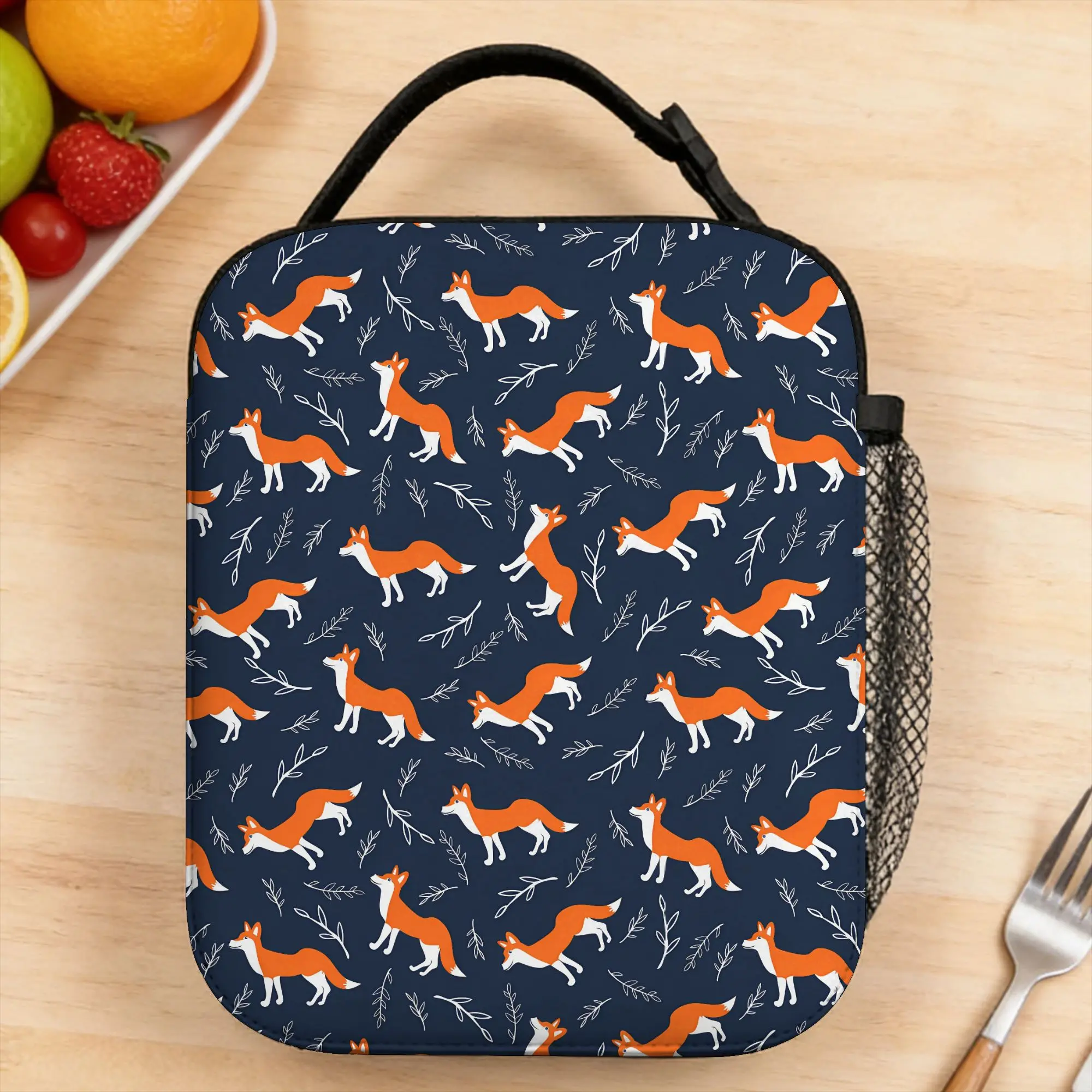 Cute Foxes Navy Blue Forest Pattern Lunch Bag For Women  Graphic Travel Lunch Box Funny Portable Zipper Oxford Cooler Bag