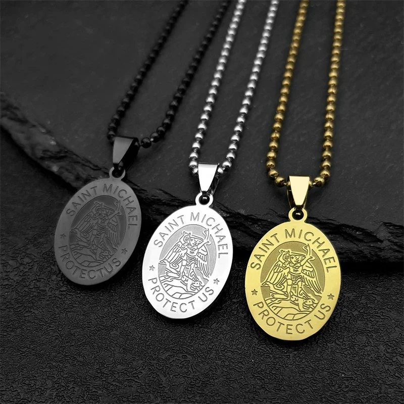 SAINT MICHAEL PROTECT US Archangel Stainless Steel Car Pendant for Women Men Gold Color Bead Chain Religious Jewelry 3032