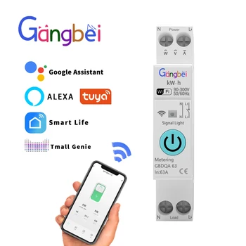 Tuya WiFi Smart Circuit Breaker, 1P, 63A DIN Rail for Smart Home, Wireless Remote Control, WiFi Switch by App Gangbei