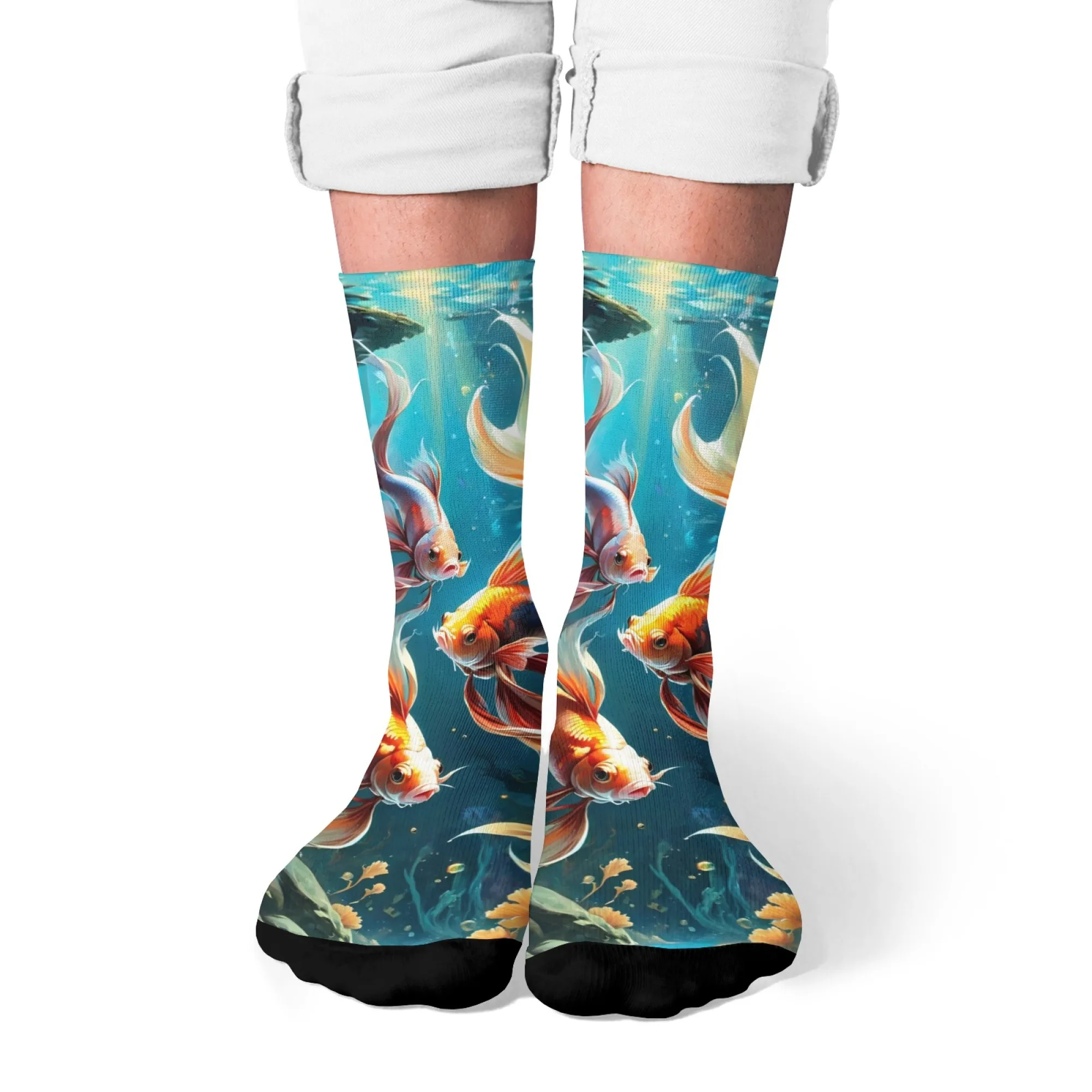 Einzigartige, trendige Herren-Crew-Socken mit goldenem Fisch, Hip-Hop-Street-Style, Aquatic-Print, perfektes Geschenk für Outdoor-Enthusiasten und Pop-Fans