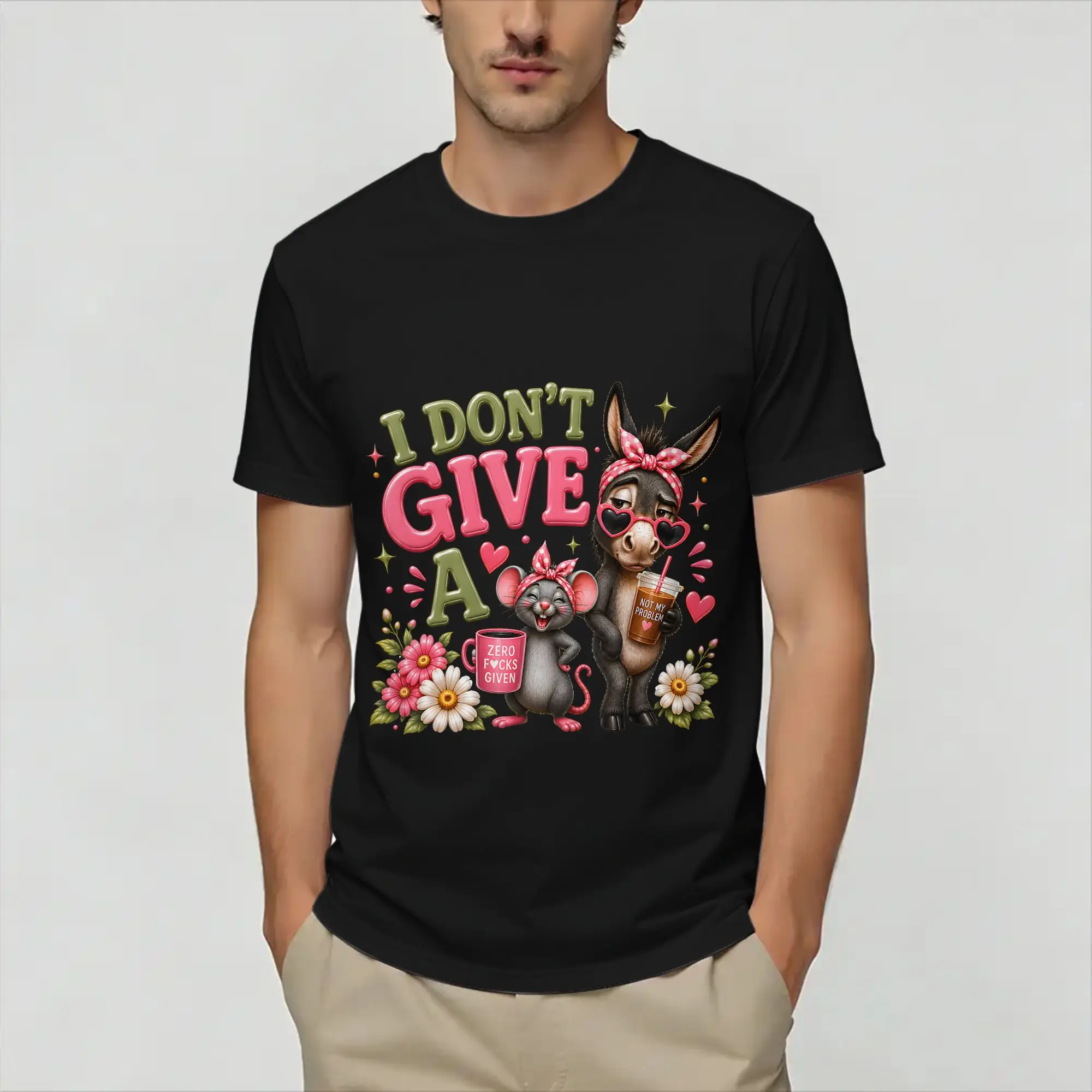 I Don't Give a Rats Ass Mouse Donkey Funny Cotton T-Shirt For Men's Summer  Y2K Basic T Shirts Crewneck Trendy Cool Tees Big