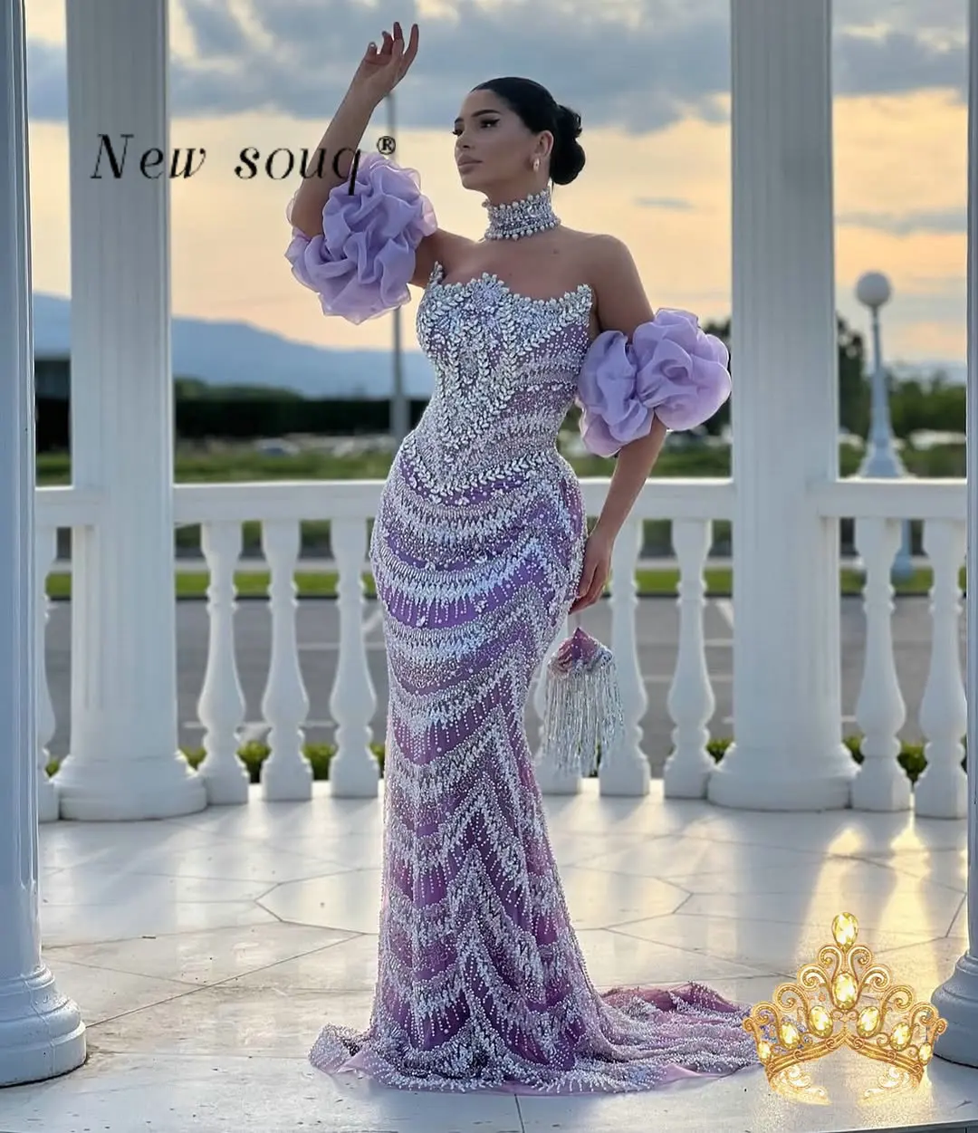 

Lilac Purple Evening Dresses with Sparkle Crystal Sequins Beaded Customized Dubai Arabic Formal Wedding Night Party Gowns