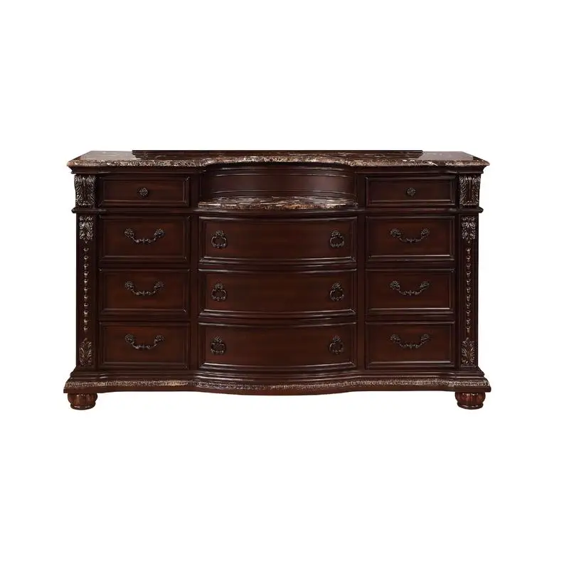 11 Drawer Dresser with Marble Top and Intricate Moldings, Beautifully Curved Silhouette, Dark Cherry Finish, Solid Wood