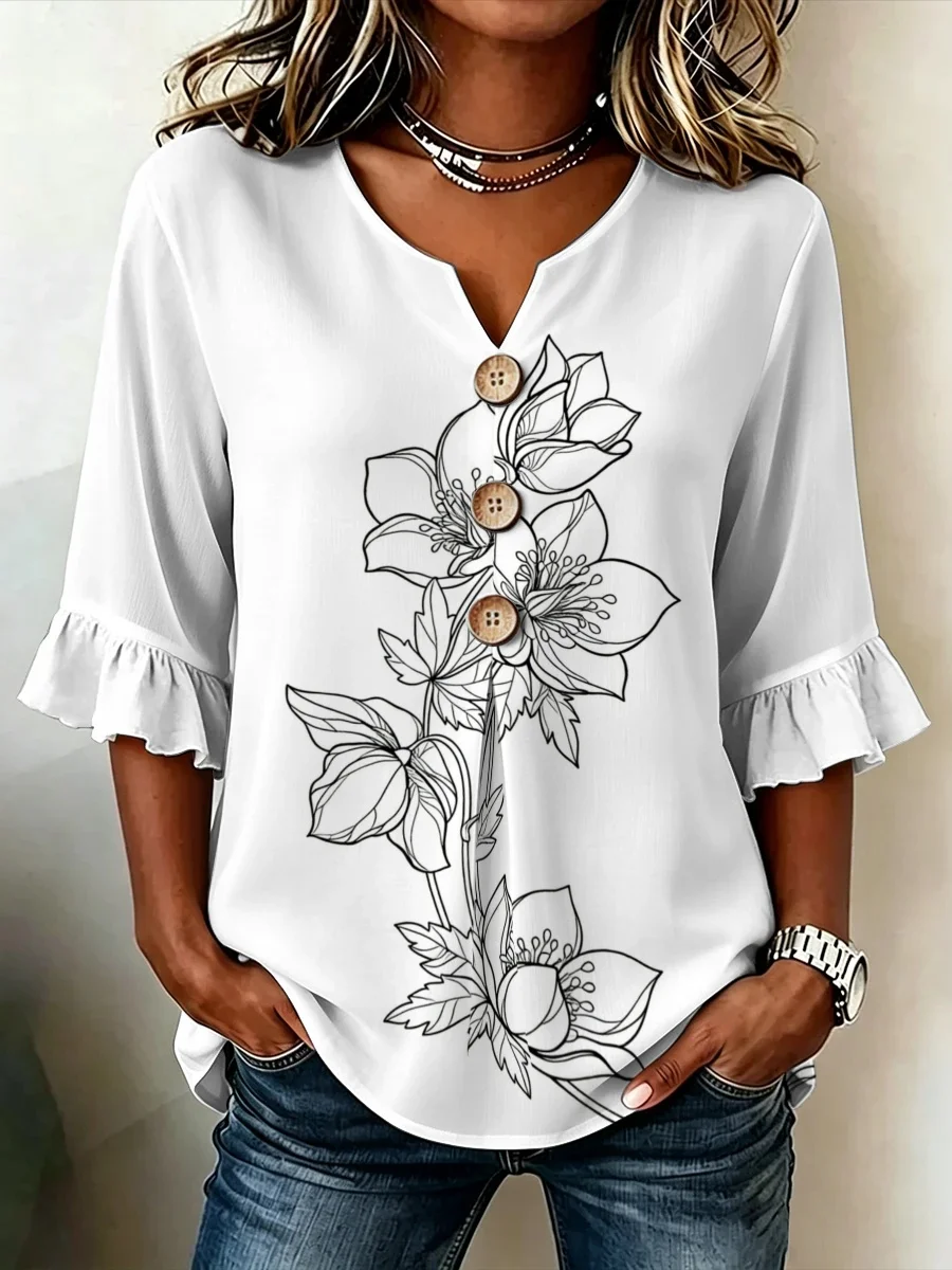 1. Women's Casual V-Neck Shirt Plus Size Line Floral Print Wooden Buttons Ruffle Half Sleeve Loose Tops
