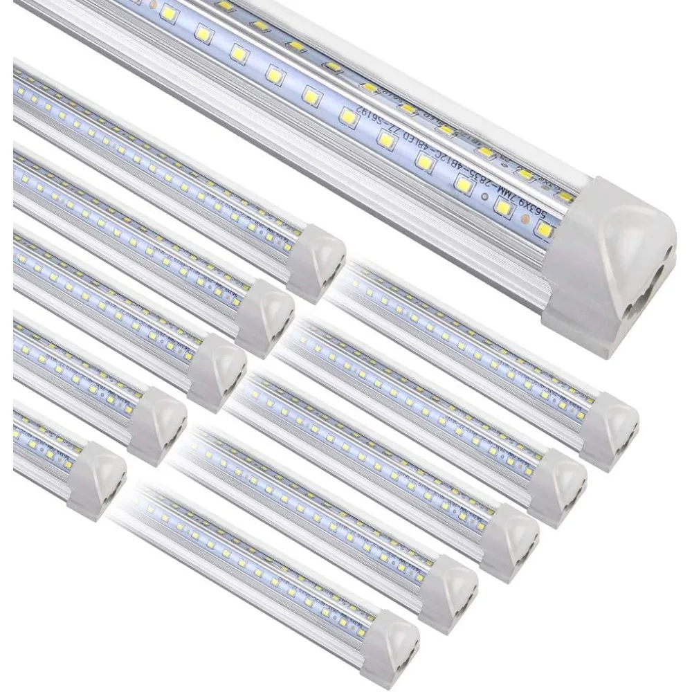 

8FT LED Shop Light Fixture 10 Pack Integrated T8 Tube 72W 9500LM 6500K White V Shape Clear Cover Lighting for Garage