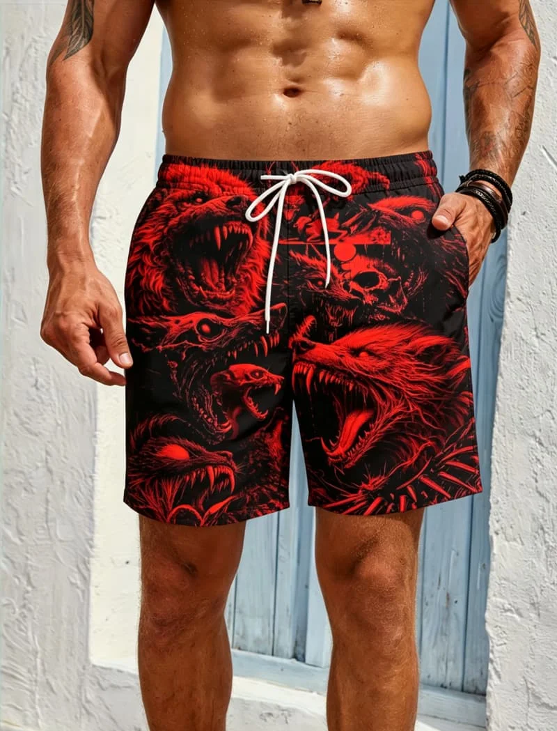 Men's wild wolf head printed quick drying beach shorts, casual version, suitable for beach play and summer vacation.