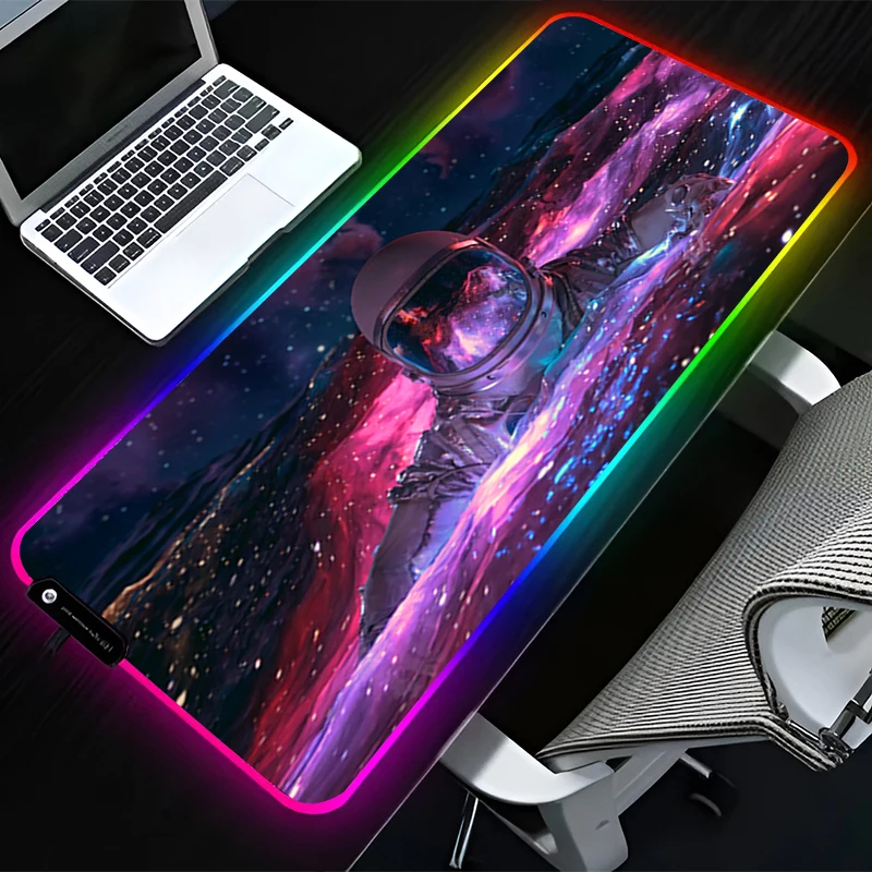 RGB LED Mouse Pad Rubber Mousepad Computer Gaming Accessories Keyboard Pad Office Non Slip Desk Outer Space Astronauts Mouse Mat