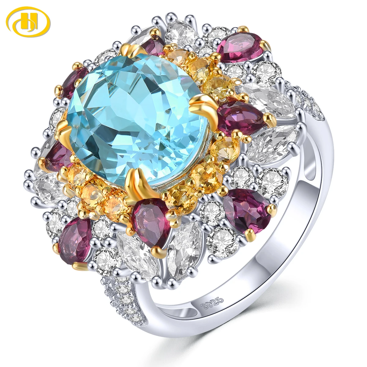 

Natural Sky Blue Topaz Sterling Silver Rings Genuine Rhodolite Garnet Citrine 8.5 Carats Gemstone Original Design Gorgerous