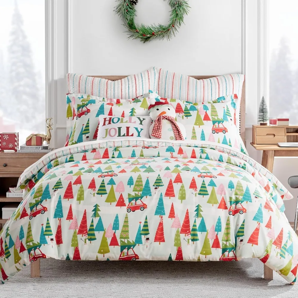 

Holly Jolly Duvet Cover Set - King Duvet Cover + Two King Pillow Cases Christmas Tree Red Green Teal Pink Duvet