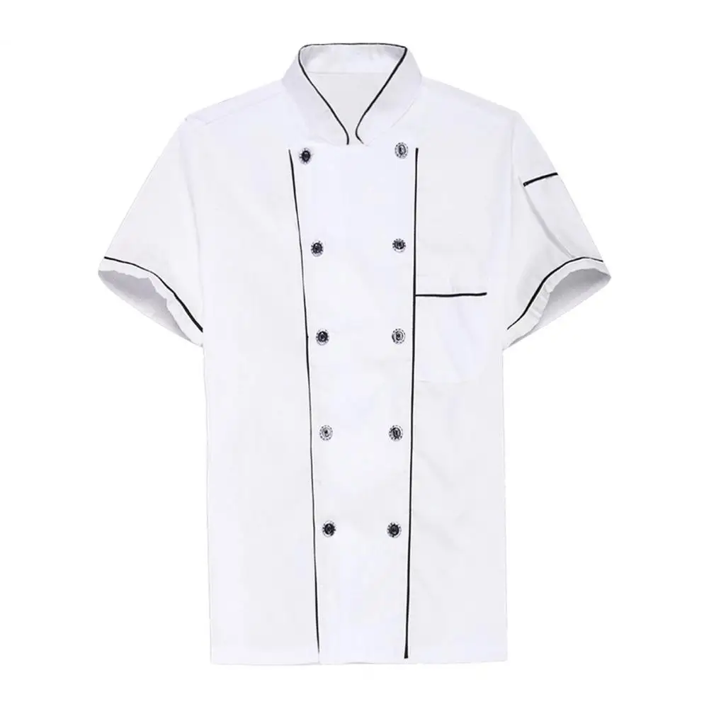 Unisex peito bolso casaco Chef, respirável, resistente a manchas, uniforme para cozinha, padaria, restaurante, trespassado, manga curta