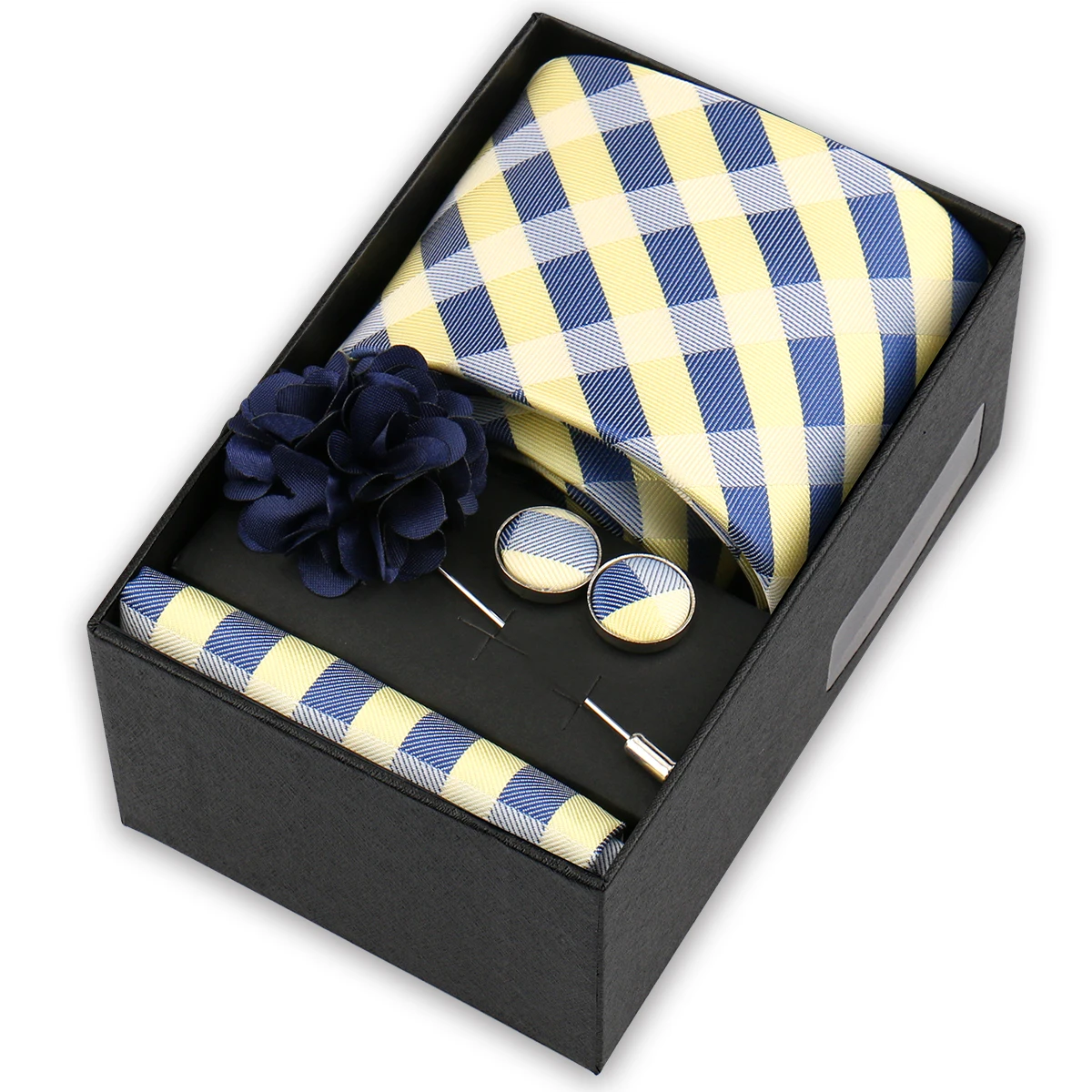 Brand Design Tie Handkerchief Cufflink Clip Set For Men Silk Necktie Holiday Gift Box Blue Gold Suit Accessories Wedding Gravata