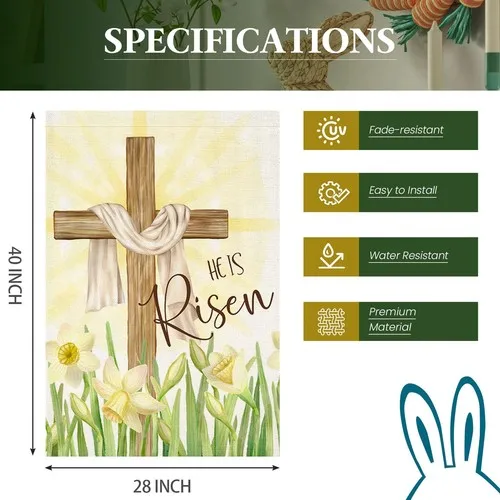 Easter Cross House Flag 28 x 40 Double Sided,Religious Cross He is Risen with... HHZ UUV HHM UUX