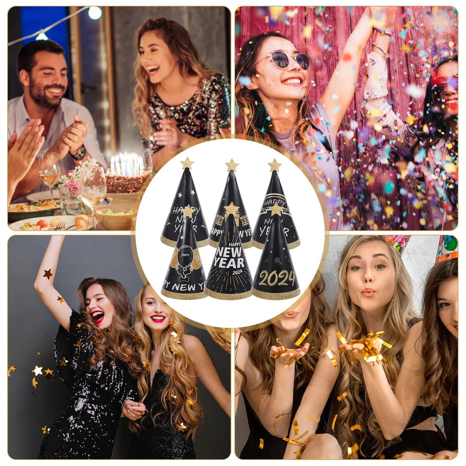 

6pcs New Year Paper Hats 3D Design Lightweight Party Hats For Adults Happy New Year Eve Favors 2024 Party Supplies Decorations