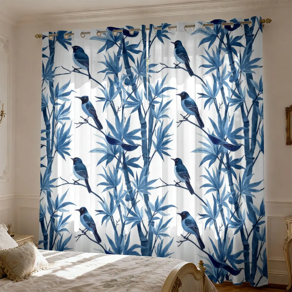 2 pieces of blue bamboo and cuckoo bird-printed curtains living rooms bedrooms suitable for blocking light decorating homes