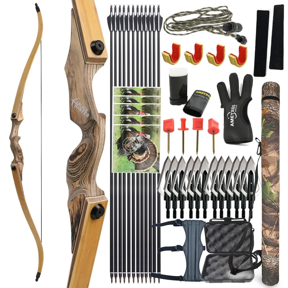 60inch Recurve Bow Arrow Set 20-60lbs Archery Bamboo Core Limb Split Takedown Right Hand Bow Hunter Hunting Shooting Targeting