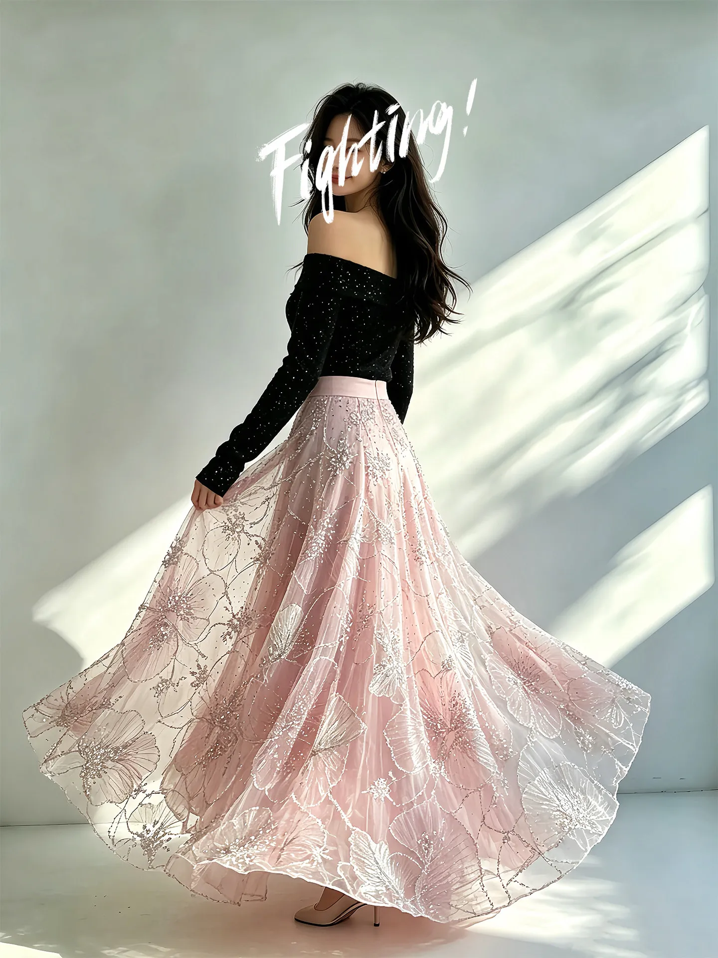 TIYIHAILEY New Mesh Sequins Women Autumn Spring Summer Long Mid-Calf Skirts High Quality Ball Gown Skirt Big Hem 2026 New