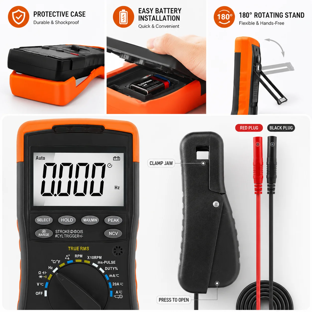 Digital Automotive Multimeter with Inductive Pickup Clamp AC/DC Voltage Current RPM Dwell Angle Tachometer Diagnostic Tester