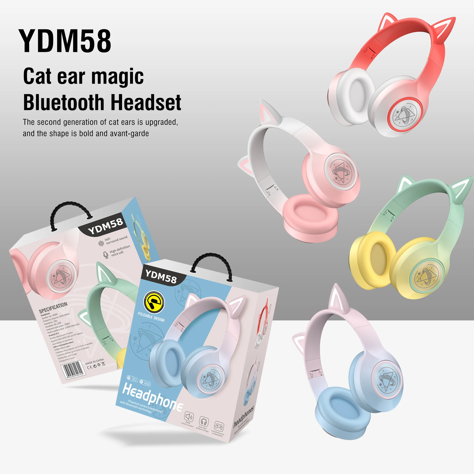 Choice NEW YDM58 Light-emitting Bluetooth Headset Folding LED Card Wireless Headset TYPE-C Charging Multi-scene Use Game Office