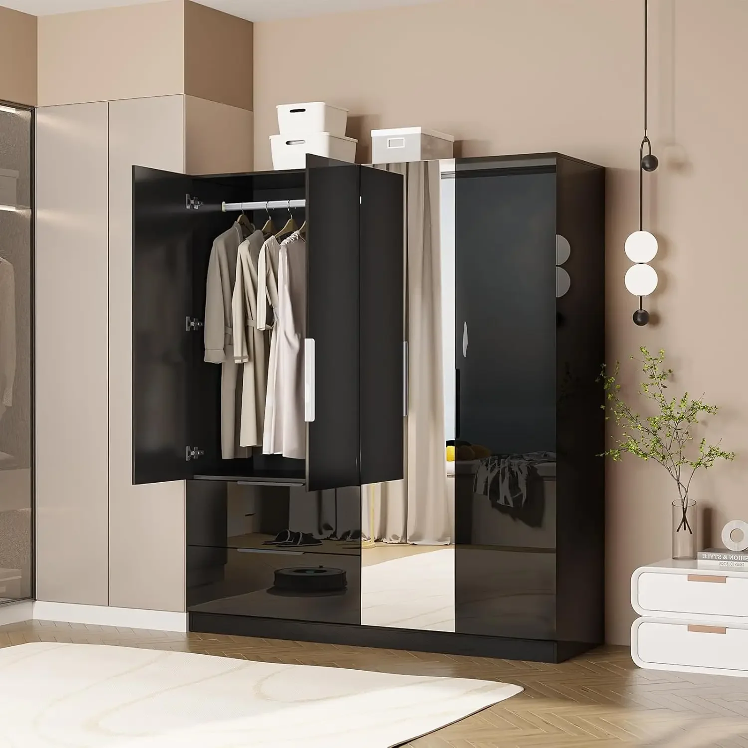 

72.8" H Armoire with Mirror, 4 Door & 2 Drawers, Modern Black Freestanding Wardrobe Closet for Bedroom