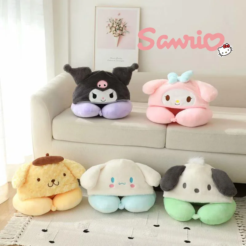 

Sanrio Cartoon My Melody Kuromi Neck Pillow Kawaii U-shaped Hooded Nap Neck Protection Pillow Home Travel Aircraft Girl Gifts