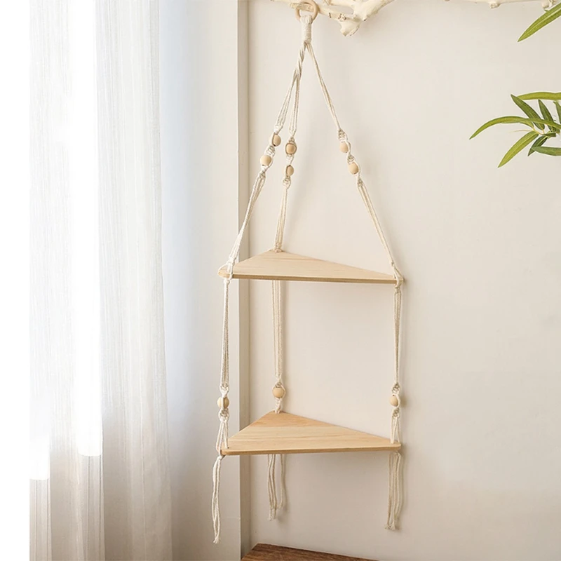 1 PCS Shelves With Wood Shelf Beige Handmade Shelf With Beautiful Macrame Rope And Shelf For Hanging Plant And Decor