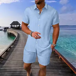 Fashion solid color beach short sleeved shorts set, summer solid color loose cardigan top, men's drawstring shorts