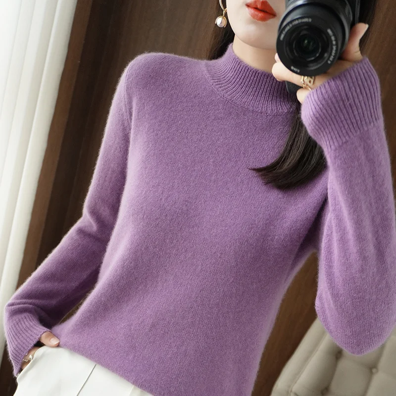 Suéter de Cachemira de Cuello medio alto para mujer, jerseys básicos cálidos para mujer, otoño e invierno, puente sólido