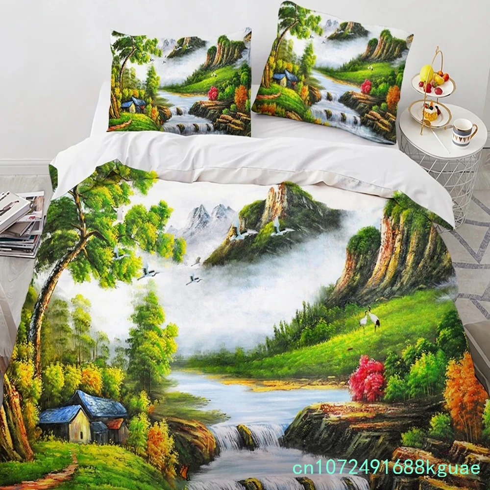 Oil Painting King Queen Duvet Cover Vintage Building Landscape Bedding Set For Adults Retro Art 2/3pcs Polyester Quilt Cover
