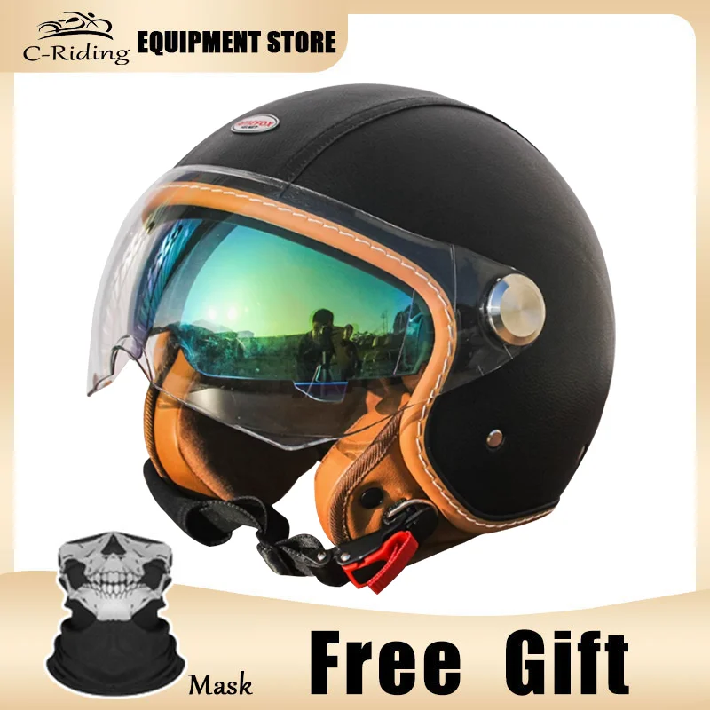 C-Riding Vintage Open Face Motorcycle Helmet Cafe Racer 3/4 Jet Summer Retro Scooter Half Open Casco Dot Capacetes Moto Vespa