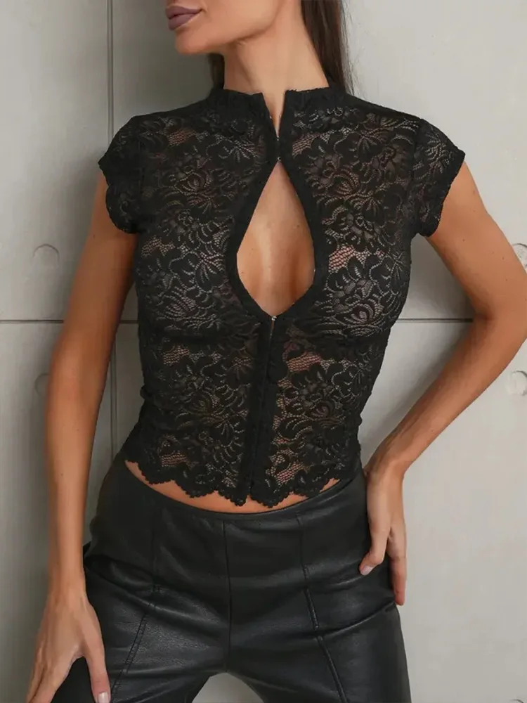 Sheath Tops T-Shirt Tees Special Daily Casual Soft Club Summer Lace Sheer Sleeveless Artistic Hollow Out Sexy Solid Slim Elegant