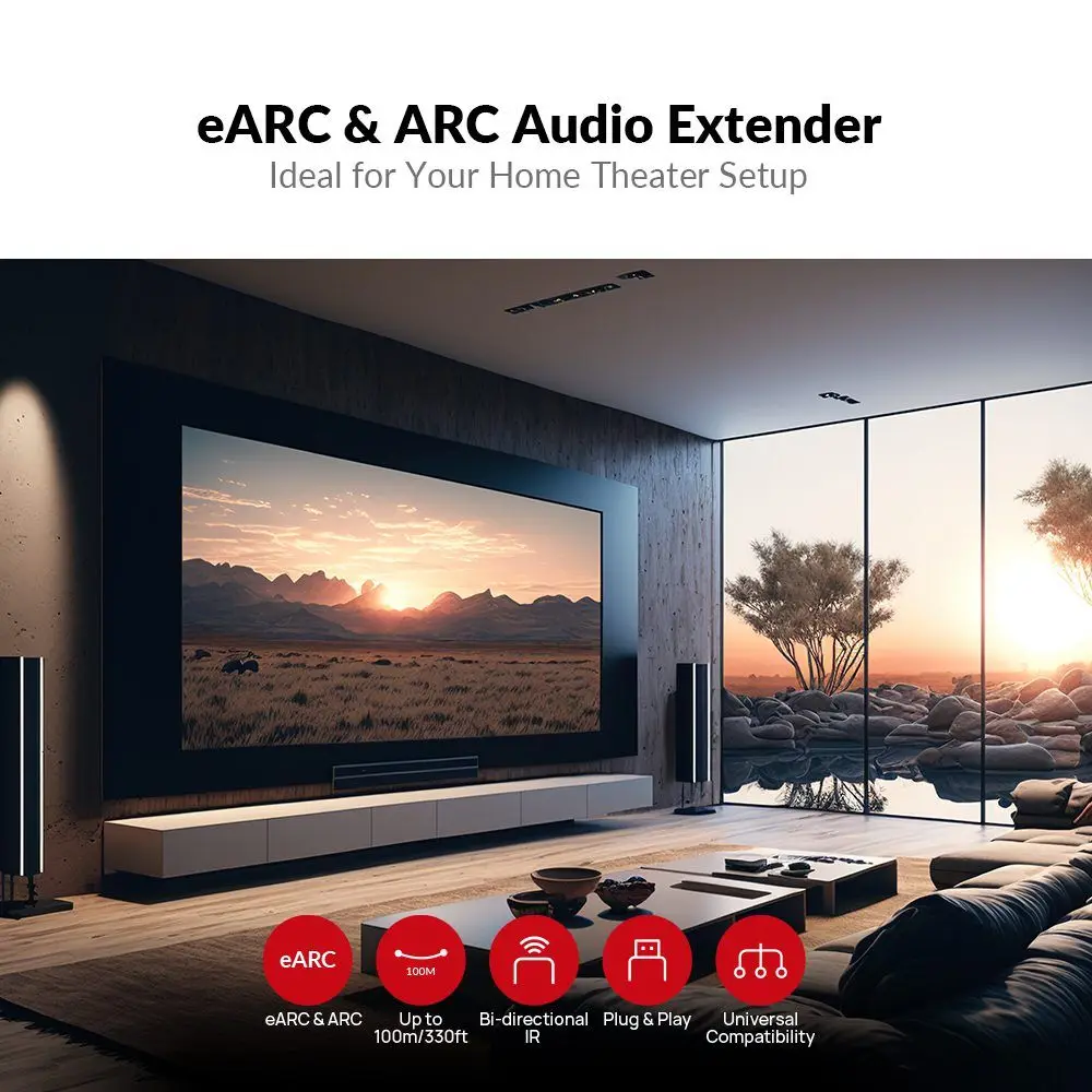AV Access eARC&ARC Audio Extender Over Cat5e/6/6a/7 Ethernet Cable Up to 100m/330ft, 2-Way IR, RS232&CEC, Ideal for Home Theater