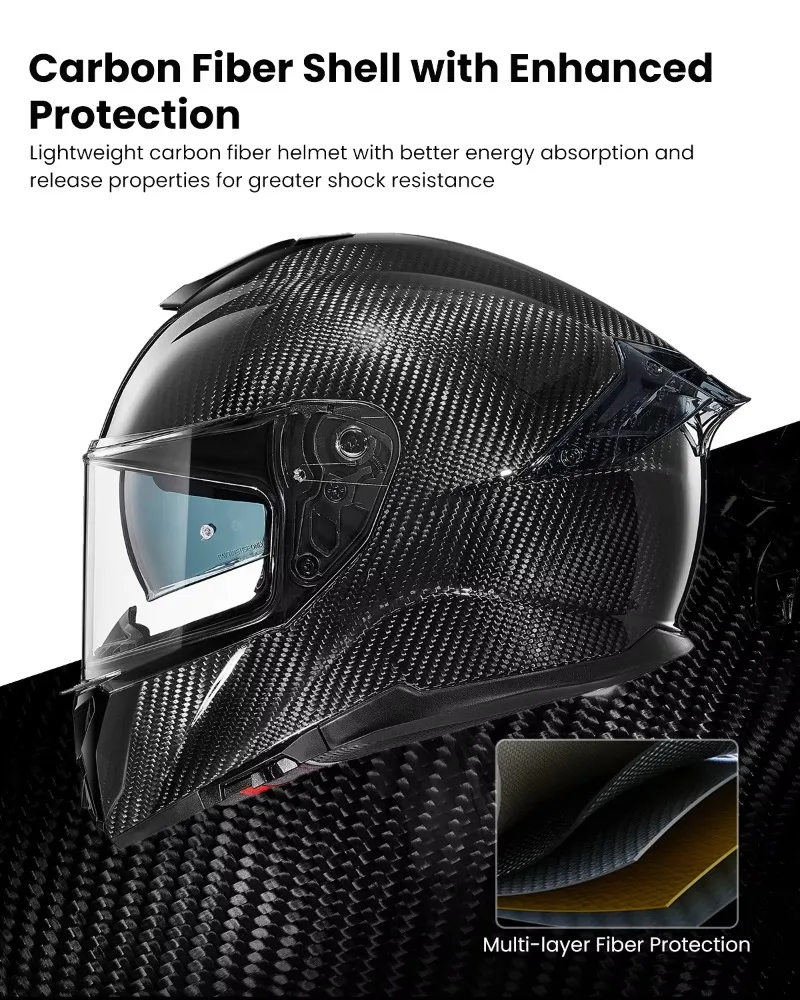 New Lightweight Carbon Fiber Full Face Motorcycle Helmet with Dual Visor for Adults ATV Use DOT Certified Model-861C