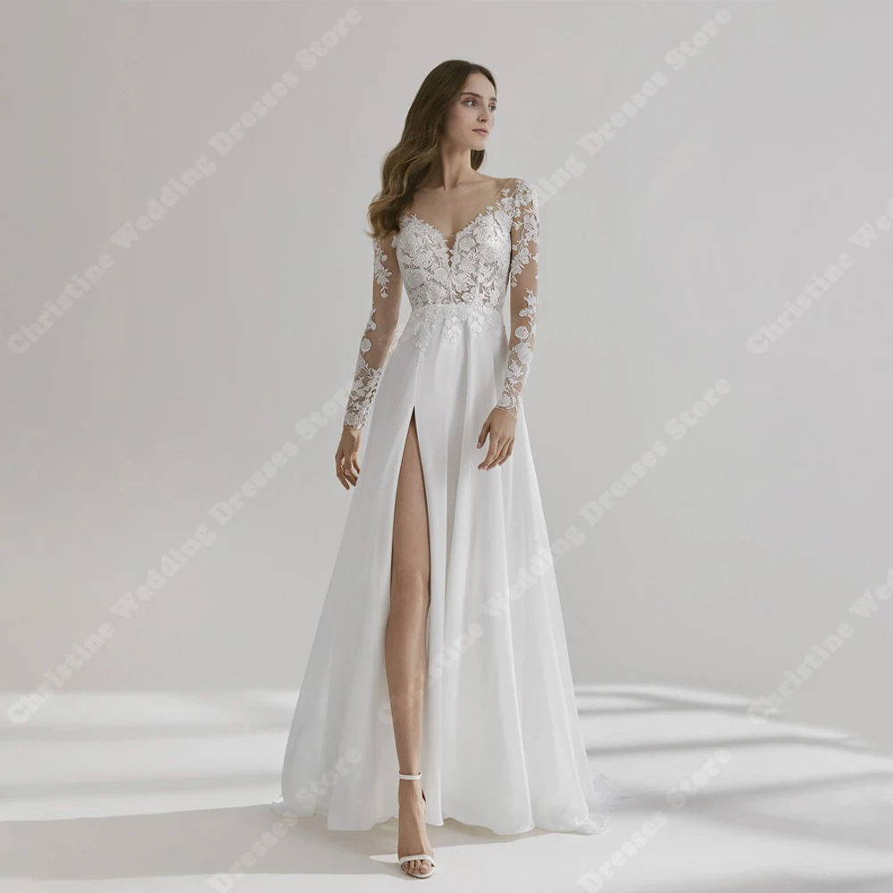 Robes de mariée A-ligne à col en V pour femmes, blanc pur, impression de dentelle brillante moderne, longueur de vadrouille, patients, robe éducative personnalisée