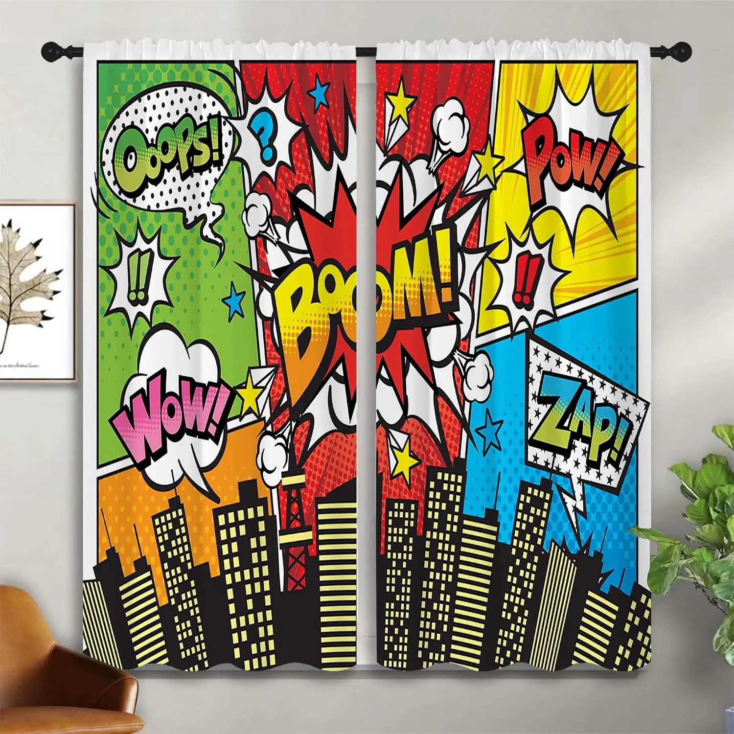 Retro Pop Comic City Theme Curtain 2 Panels Multi Color Block Base Cartoon Explosion Word Print Window Curtain Teen Boys Home