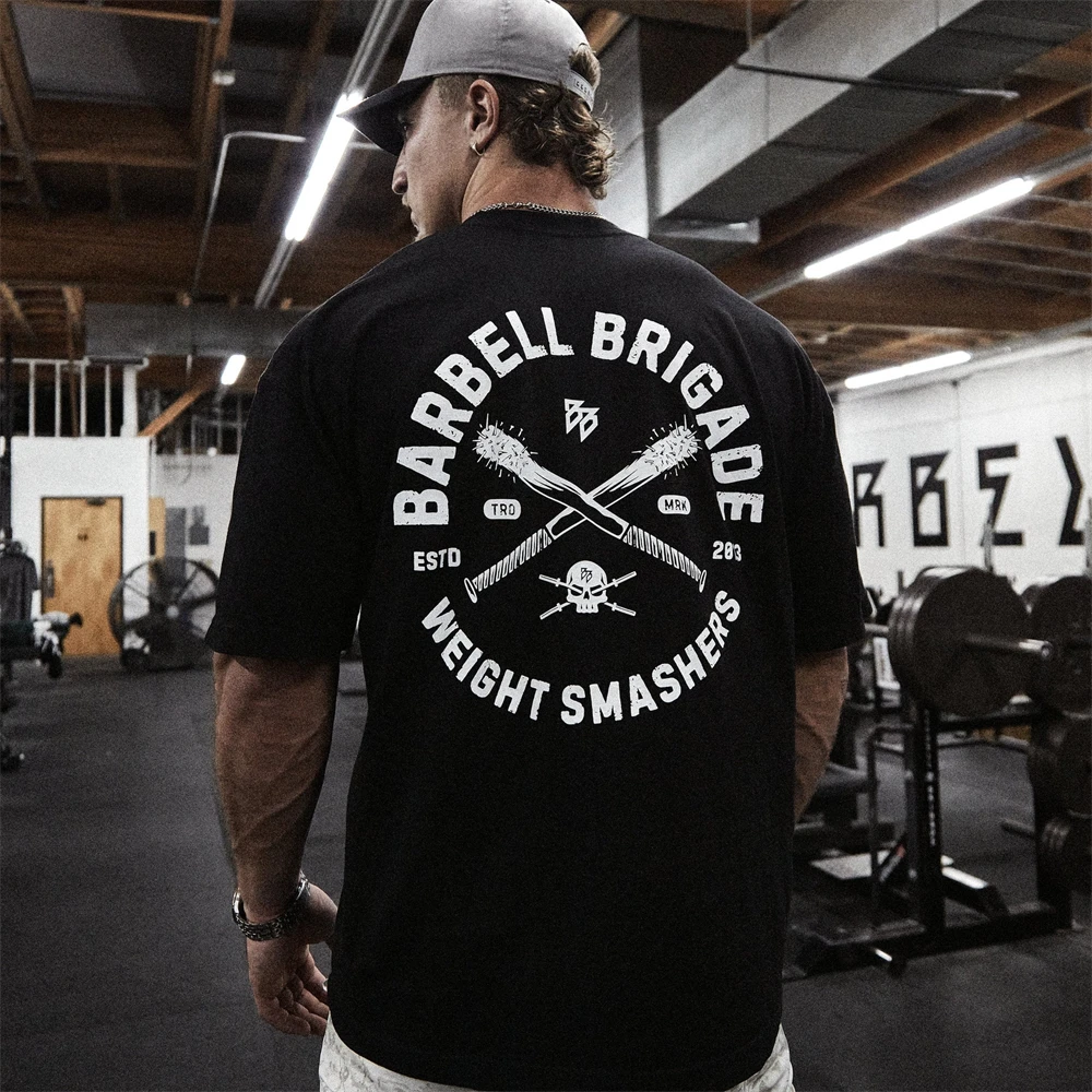 Barbell Cotton Gym Shirt Sport T Shirt Men Short Sleeve Running Shirt Men Workout Training Tees Fitness Loose Large Size M-XXXL