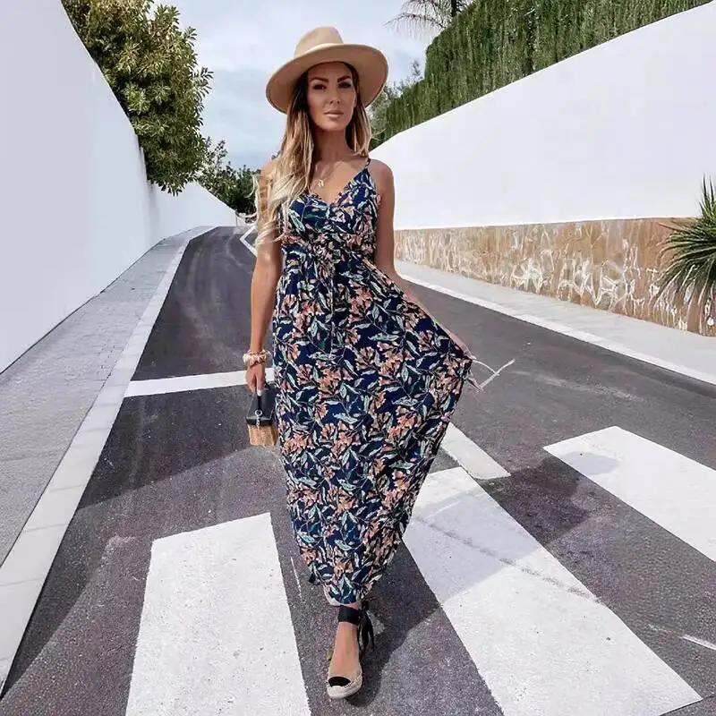 Đời Boho Gợi Cảm Hoa Đầm Maxi Mùa Hè Vintage Cổ Sundress Bãi Biển Nữ ĐầM Midi Nút Hở Lưng Chấm Bi Sọc Nữ