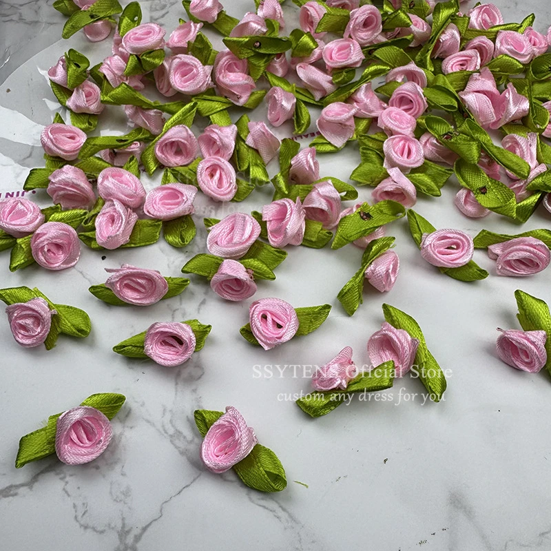 Fleur de Rose faite à la main avec feuilles vertes, 3cm, accessoires artisanaux en ruban de Satin pour robe de soirée, robes de soirée, bricolage D