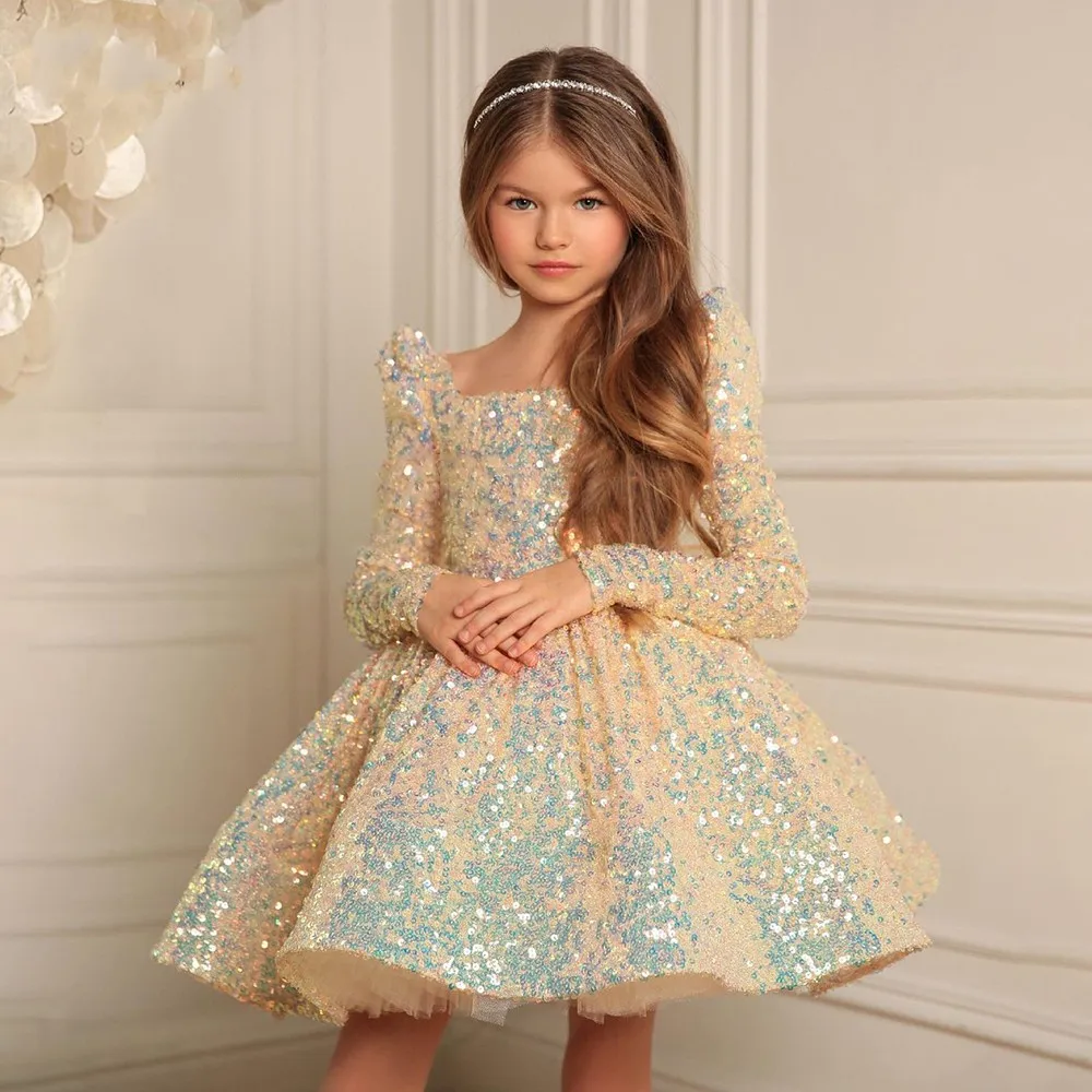 

Glitter Sequin Fluffy Flower Girl Dress Princess 2022 Bow First Communion Gowns Little Bride Birthday Wear Vestidos Daminha