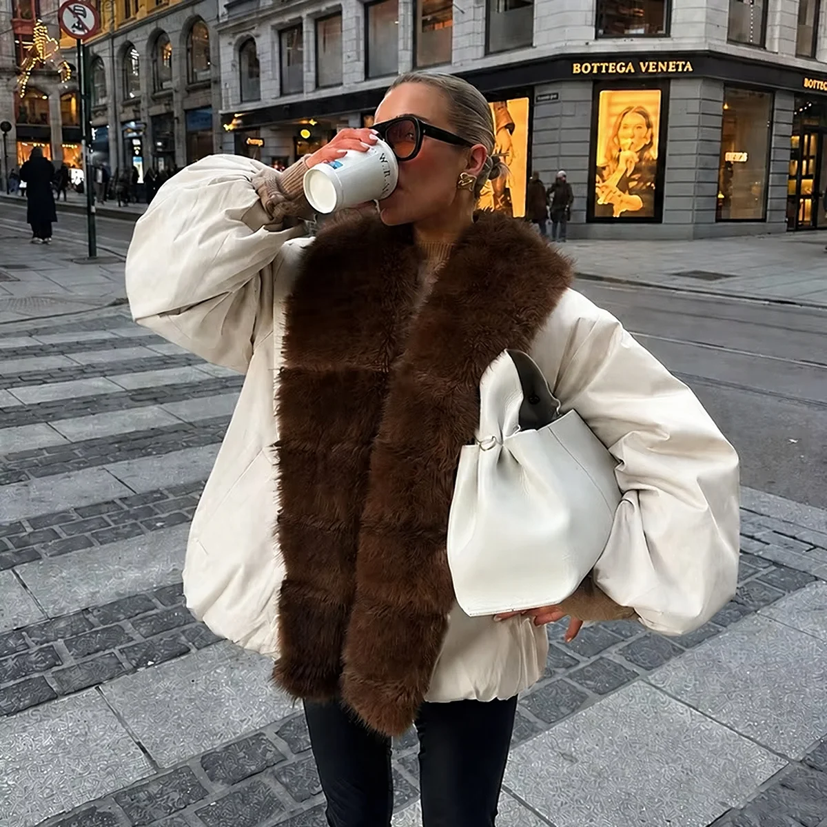 Women's Beige Faux Fur Trim Jacket Belted Lantern Sleeve Bubble Hem Winter Warm Elegant Luxe Chic Streetwear
