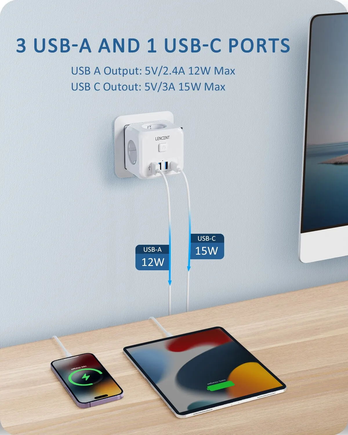 Przedłużacz ścienny LENCENT z 3 gniazdkami AC 3 porty USB And1 typ C 7-in-1 EU Plug Charger On/Off Switch dla domu