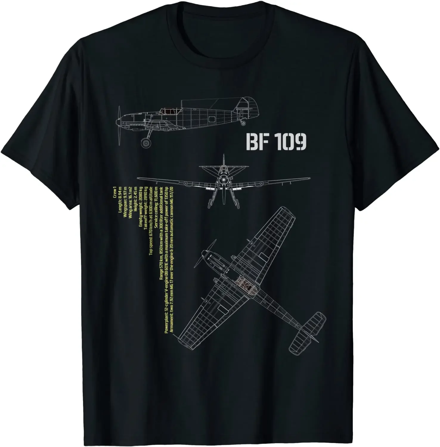 WWII Luftwaffe Bf 109 Fighter Infographic T-Shirt 100% Cotton O-Neck Summer Short Sleeve Casual Mens T-shirt Size S-3XL