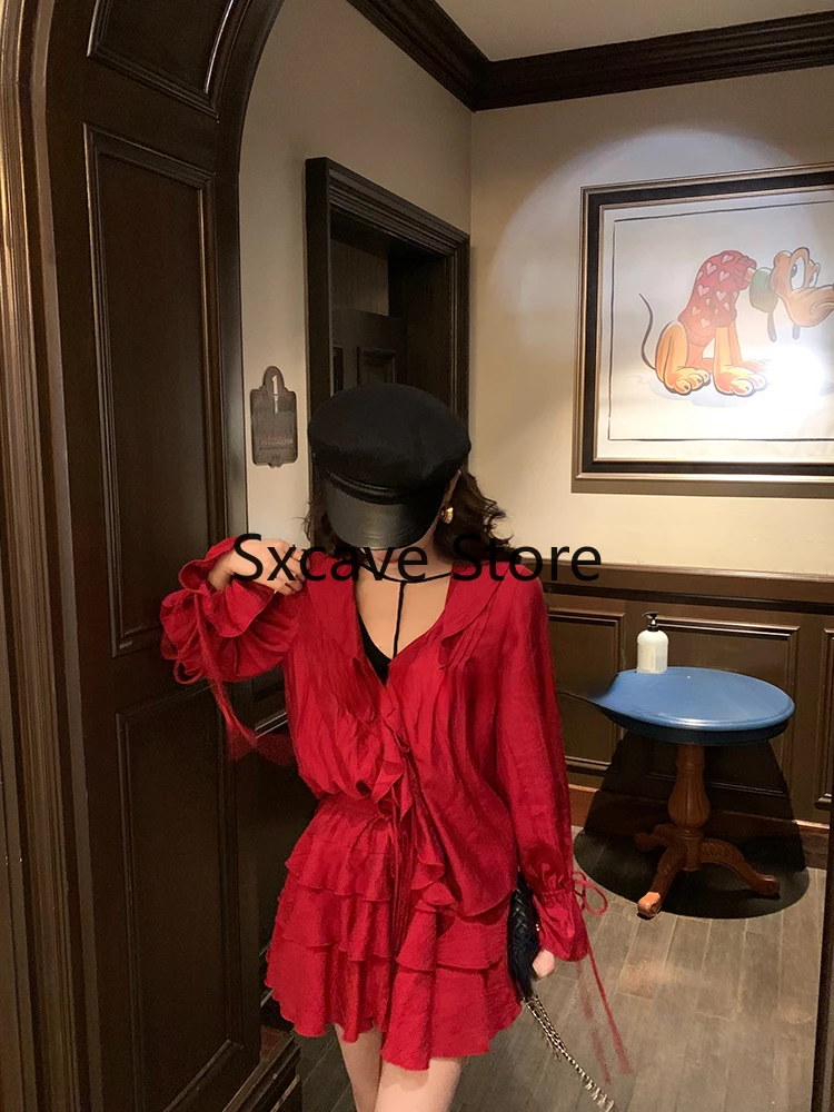 2023 Autumn Red 2 Piece Dress Set Women Casual V-Neck Y2k Crop Tops + Mini Skirts Even Party Clothing Korean Style Fashion Suits