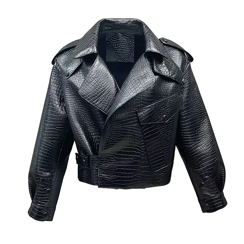 New Genuine Sheepskin Leather Jacket Fashion Crocodile Pattern Leather Coat Lady Oversize Moto Biker Clothing S7547A